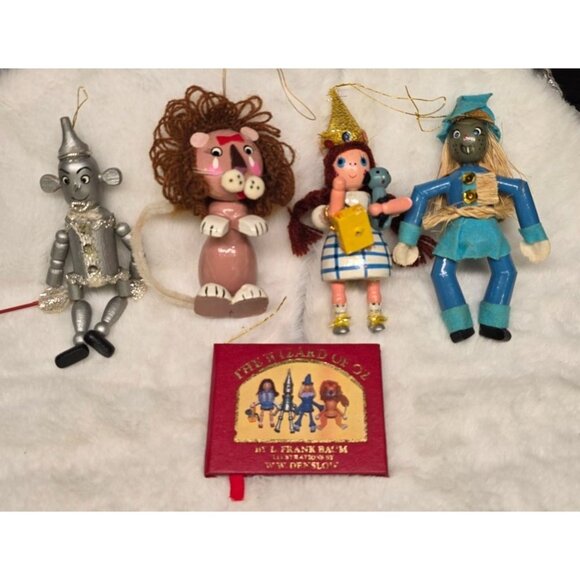 Vintage 1980s Wizard of Oz Wood Christmas Ornaments w/ Miniature Book Kurt Adler - Picture 1 of 15
